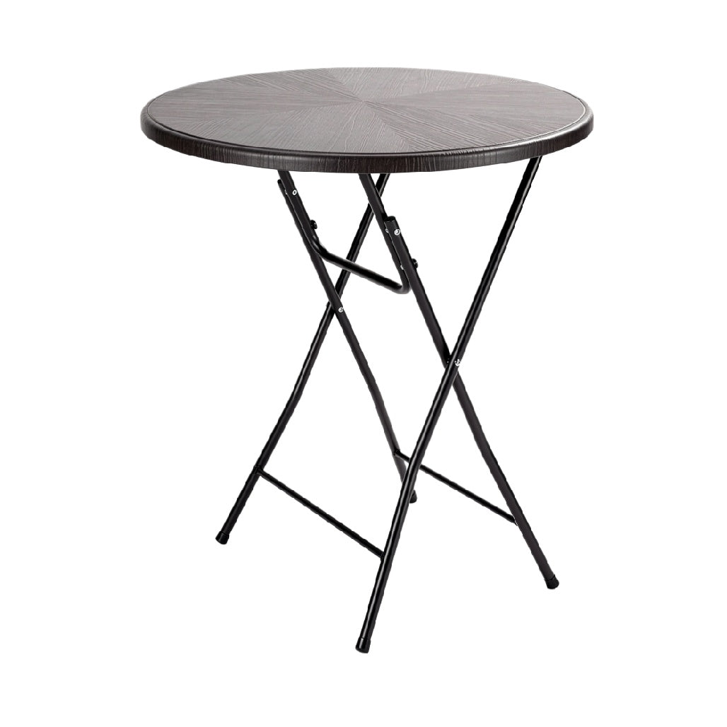 Foldable Round Patio Table with Metal Frame and Wood-Look Top